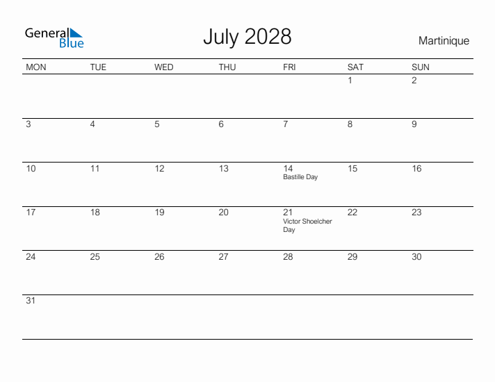 Printable July 2028 Calendar for Martinique