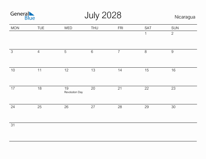 Printable July 2028 Calendar for Nicaragua