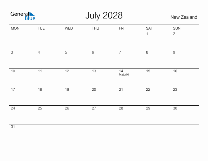 Printable July 2028 Calendar for New Zealand