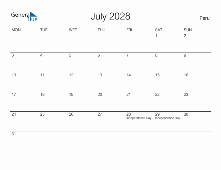 Printable July 2028 Calendar for Peru