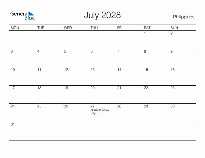 Printable July 2028 Calendar for Philippines