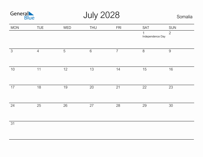 Printable July 2028 Calendar for Somalia