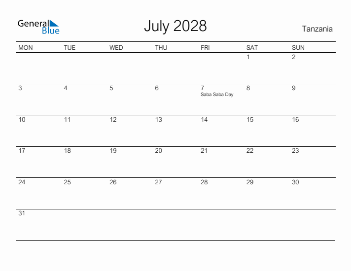 Printable July 2028 Calendar for Tanzania