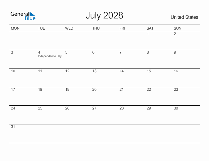 Printable July 2028 Calendar for United States