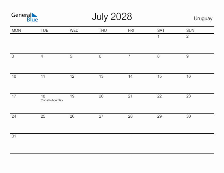 Printable July 2028 Calendar for Uruguay