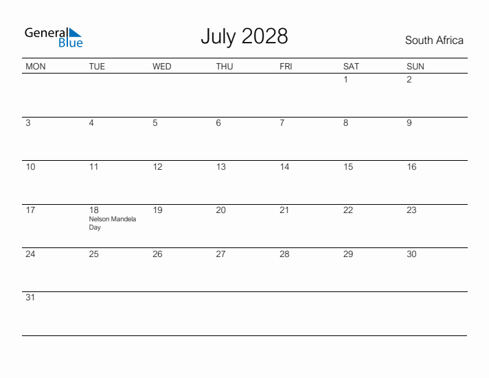 Printable July 2028 Calendar for South Africa