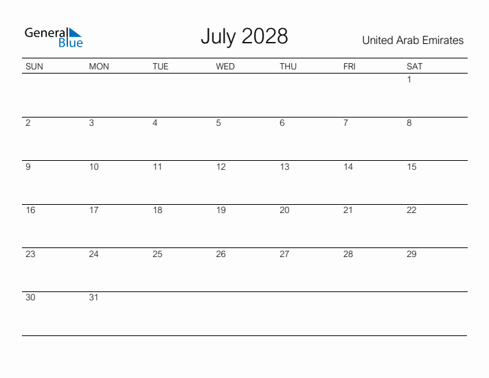Printable July 2028 Calendar for United Arab Emirates