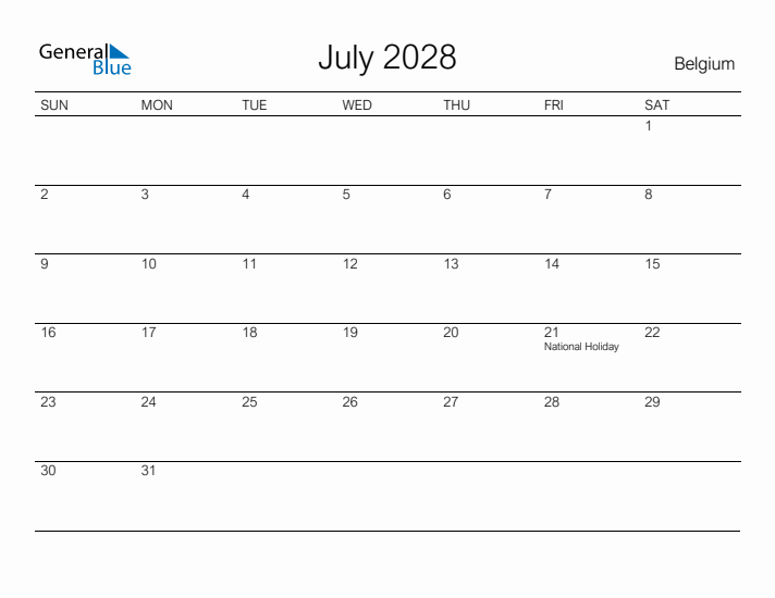 Printable July 2028 Calendar for Belgium