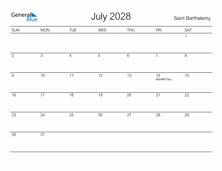 Printable July 2028 Calendar for Saint Barthelemy