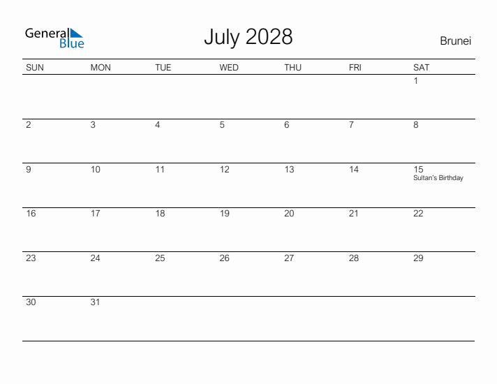 Printable July 2028 Calendar for Brunei