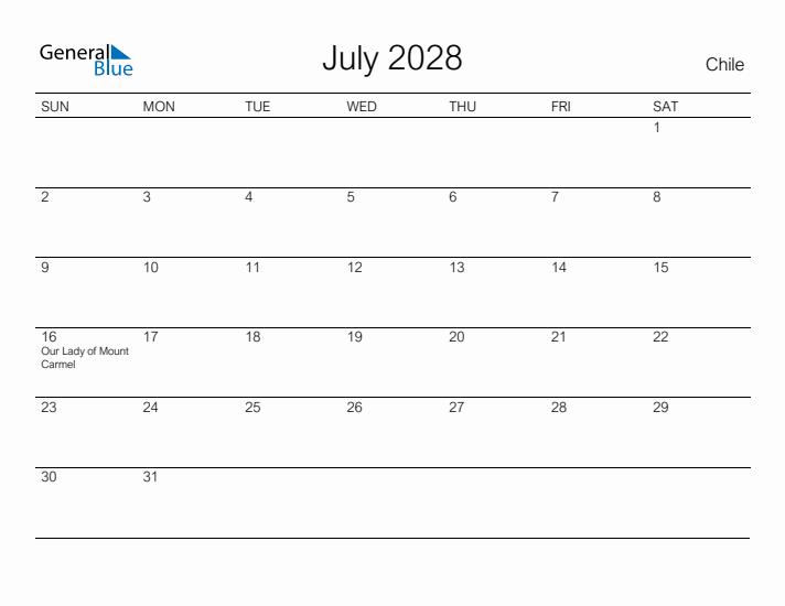 Printable July 2028 Calendar for Chile