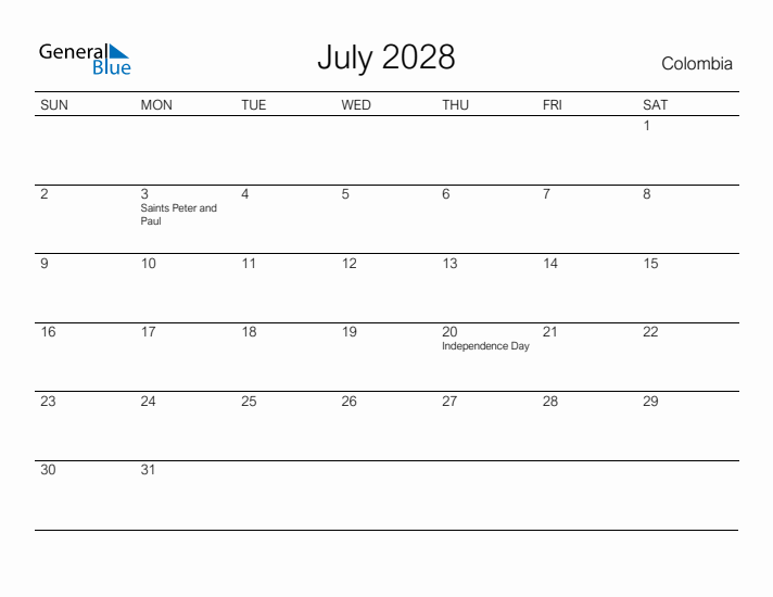 Printable July 2028 Calendar for Colombia