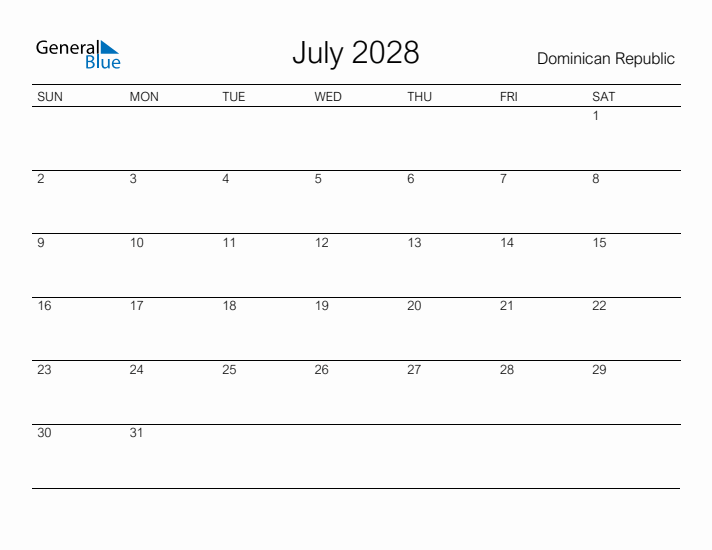 Printable July 2028 Calendar for Dominican Republic