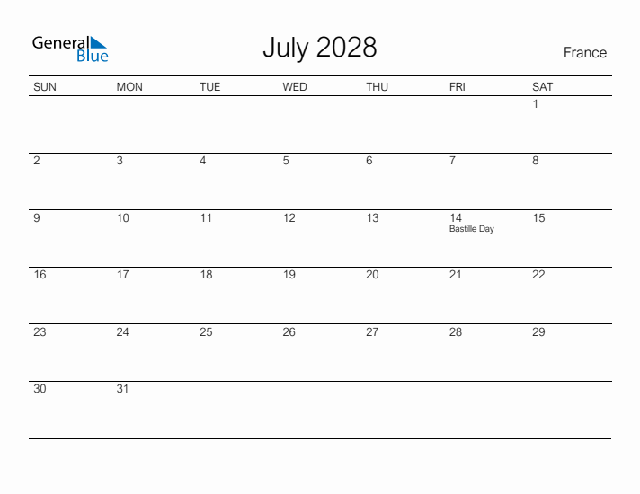 Printable July 2028 Calendar for France