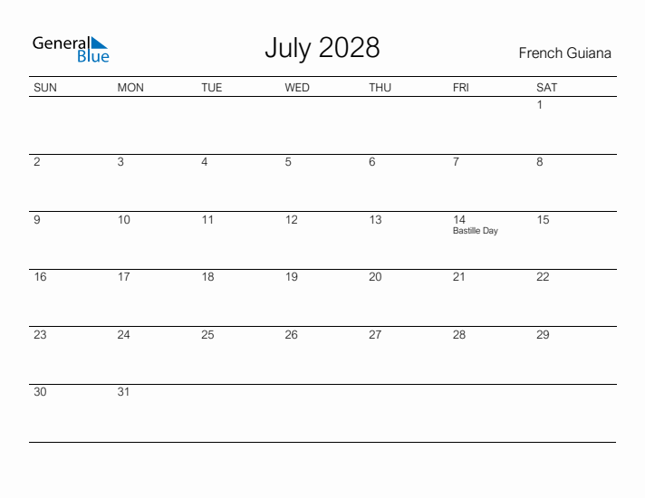Printable July 2028 Calendar for French Guiana