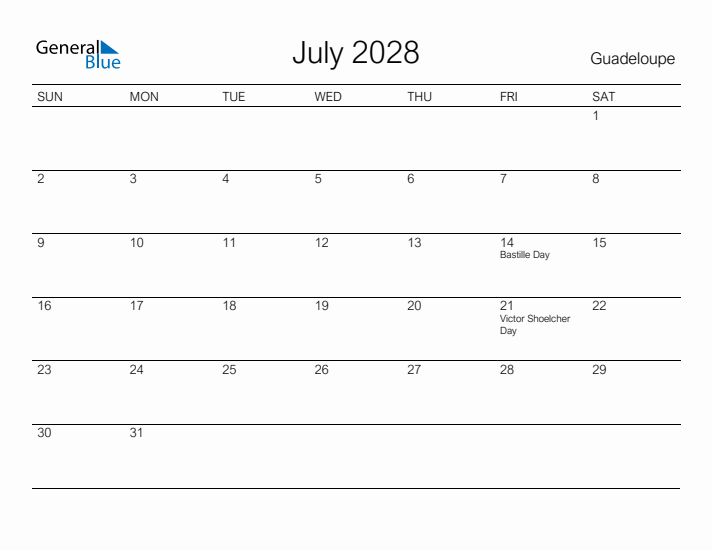 Printable July 2028 Calendar for Guadeloupe