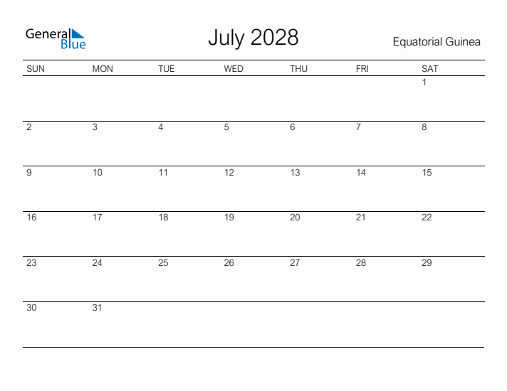 Printable July 2028 Calendar for Equatorial Guinea