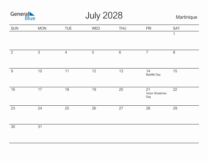 Printable July 2028 Calendar for Martinique