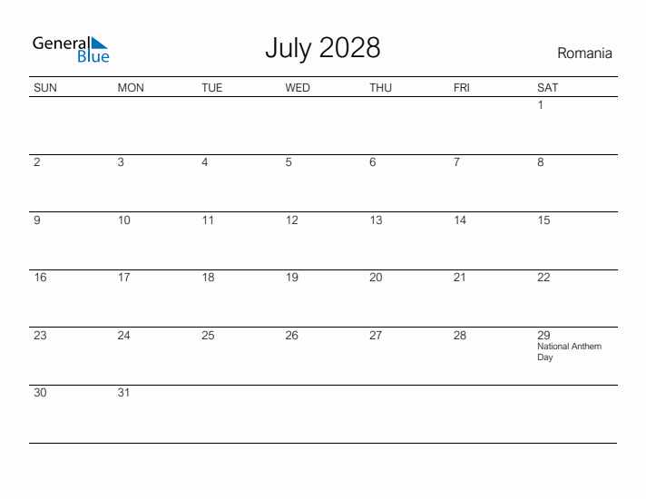 Printable July 2028 Calendar for Romania
