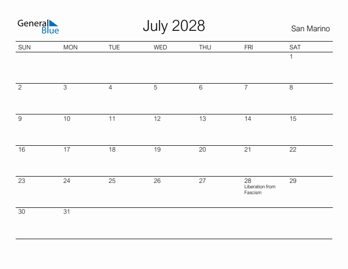Printable July 2028 Calendar for San Marino
