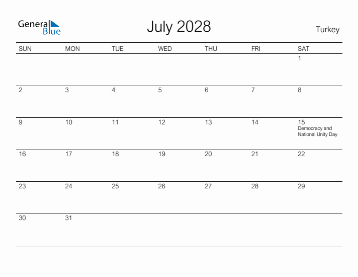 Printable July 2028 Calendar for Turkey