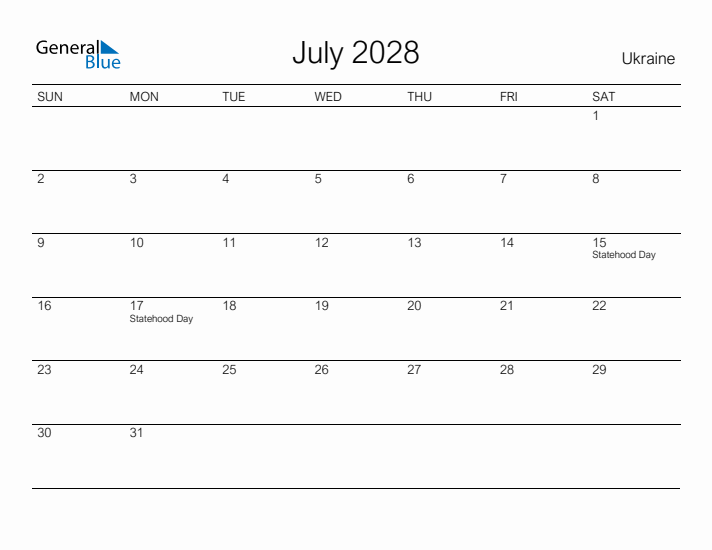 Printable July 2028 Calendar for Ukraine