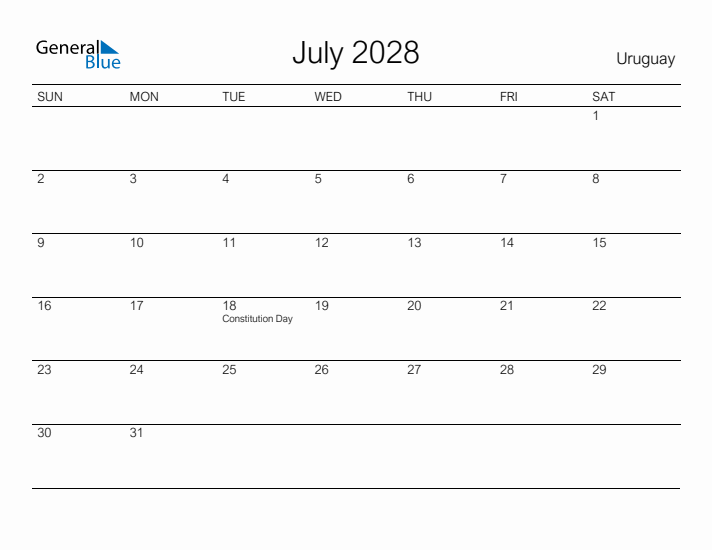 Printable July 2028 Calendar for Uruguay