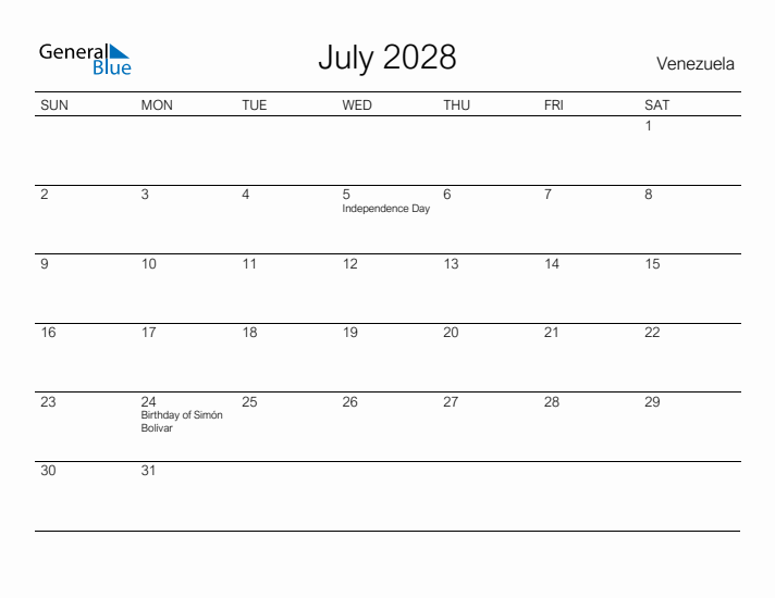 Printable July 2028 Calendar for Venezuela
