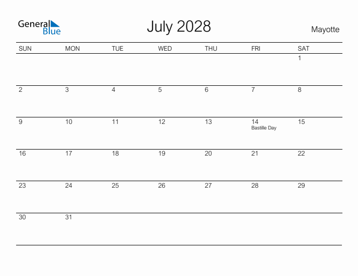 Printable July 2028 Calendar for Mayotte