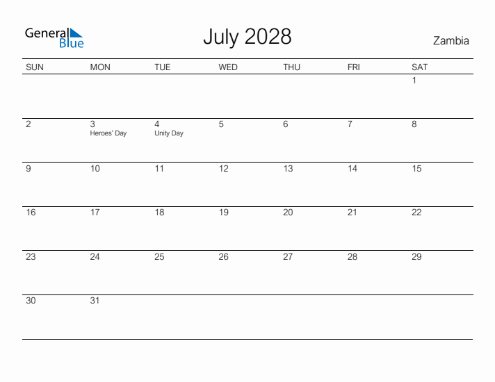 Printable July 2028 Calendar for Zambia