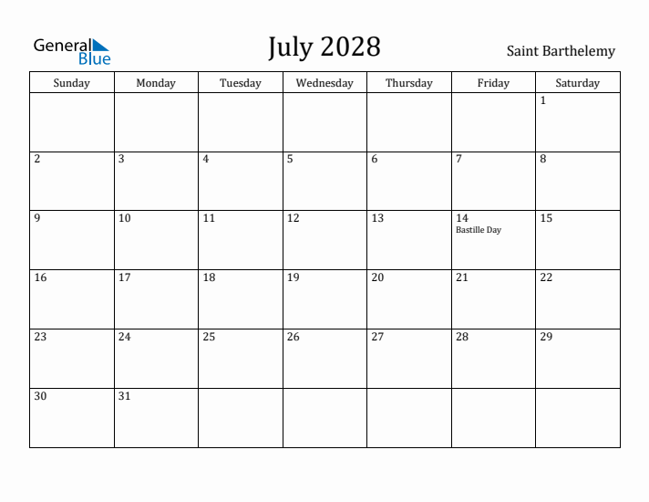 July 2028 Calendar Saint Barthelemy