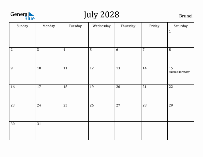 July 2028 Calendar Brunei