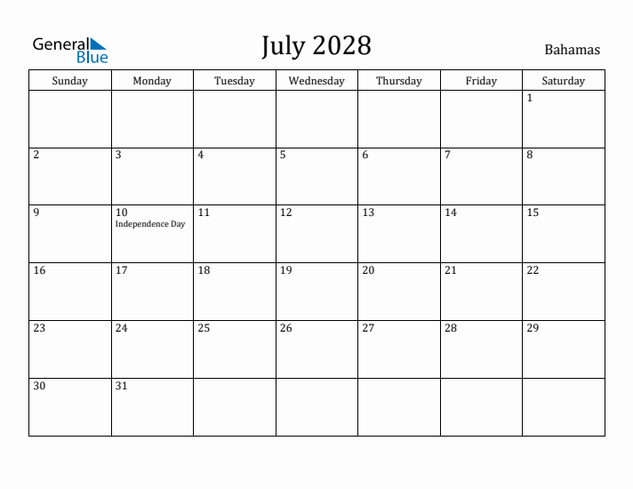 July 2028 Calendar Bahamas