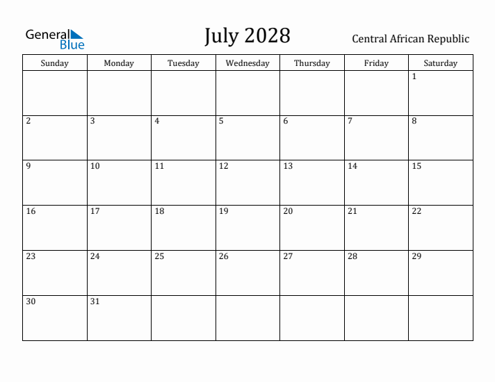 July 2028 Calendar Central African Republic
