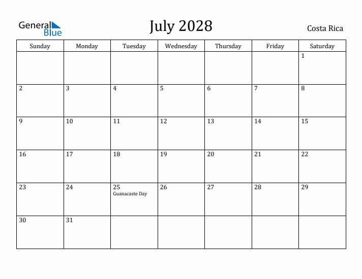 July 2028 Calendar Costa Rica