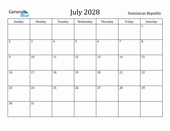 July 2028 Calendar Dominican Republic