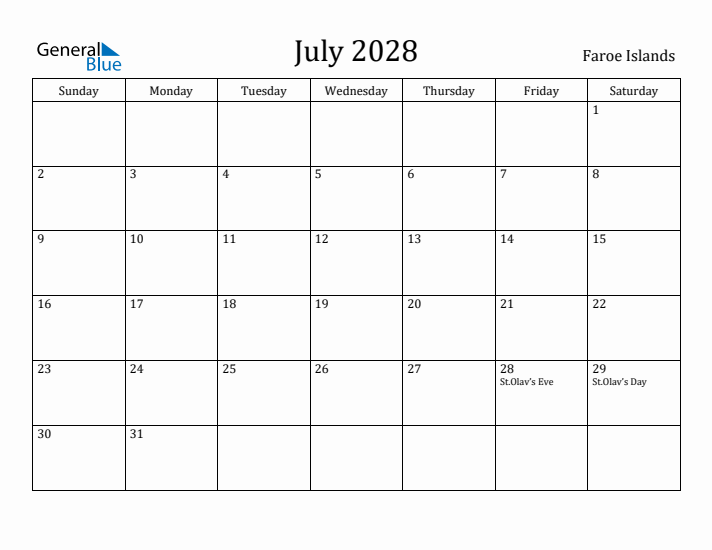 July 2028 Calendar Faroe Islands