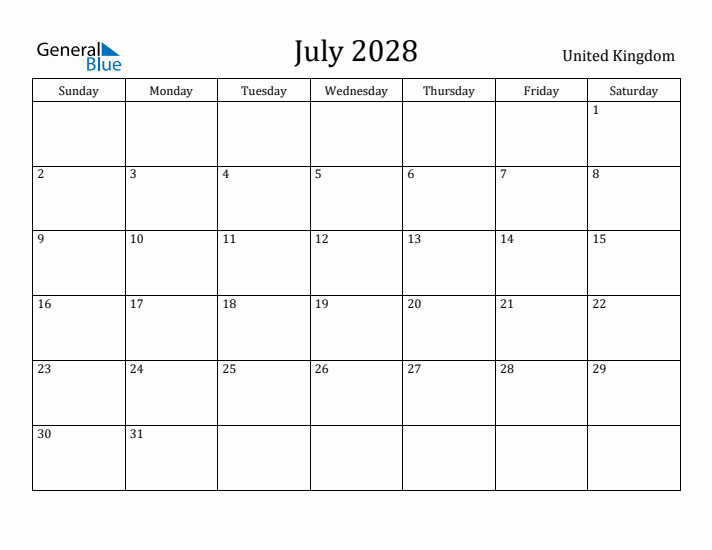 July 2028 Calendar United Kingdom