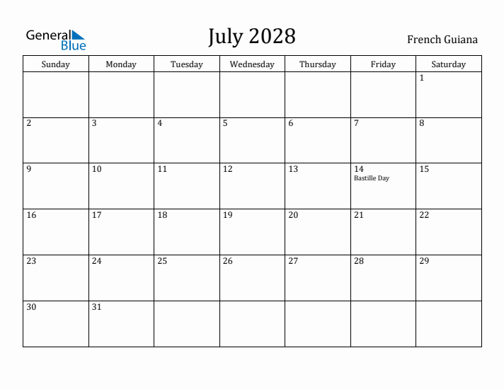 July 2028 Calendar French Guiana