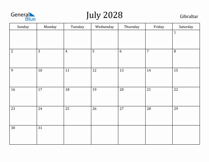 July 2028 Calendar Gibraltar