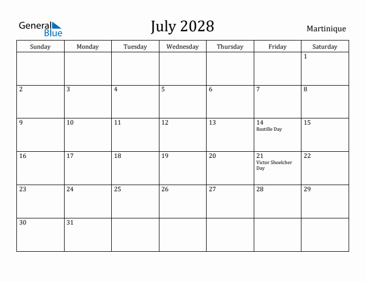 July 2028 Calendar Martinique