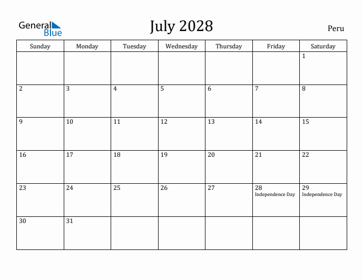 July 2028 Calendar Peru
