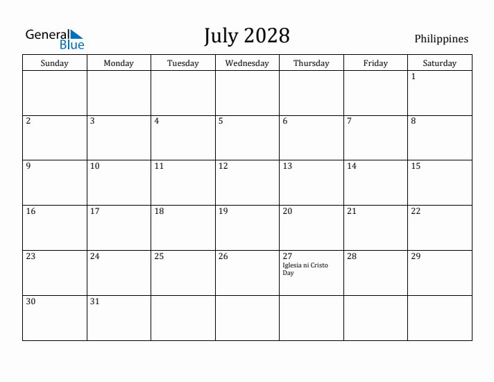 July 2028 Calendar Philippines