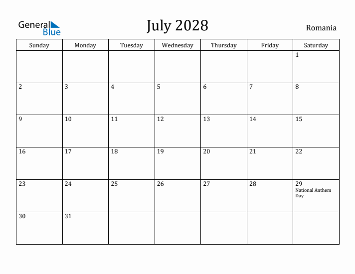 July 2028 Calendar Romania