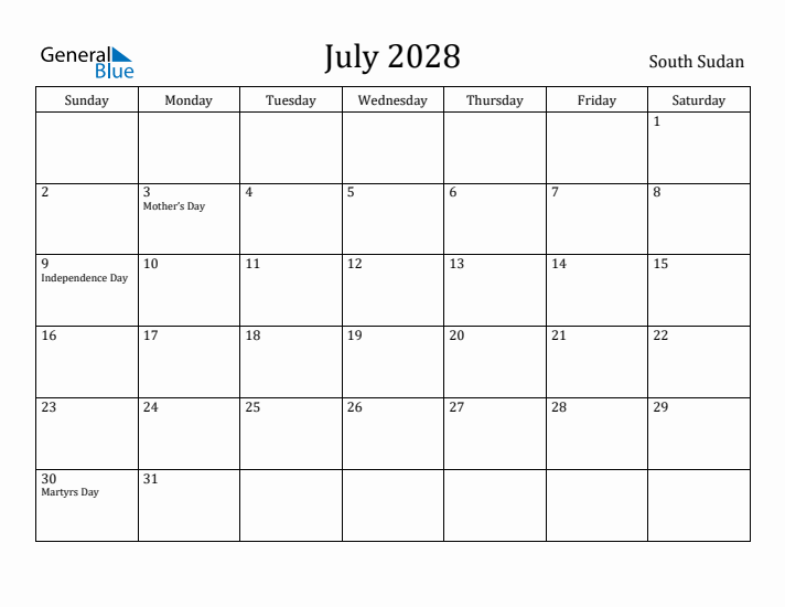 July 2028 Calendar South Sudan