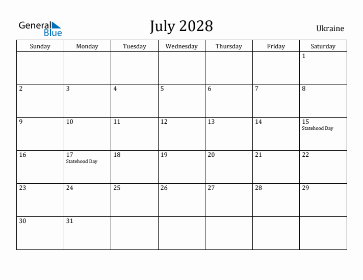 July 2028 Calendar Ukraine