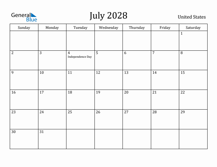 July 2028 Calendar United States
