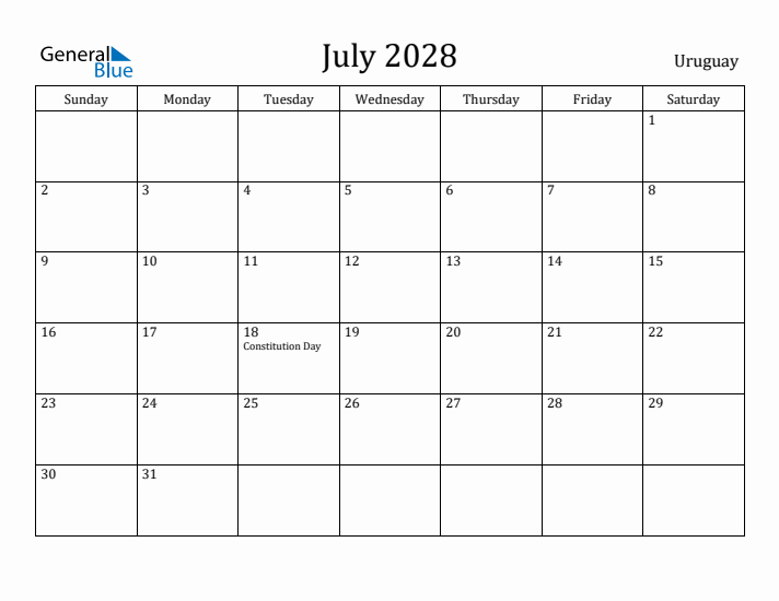 July 2028 Calendar Uruguay