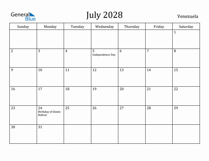 July 2028 Calendar Venezuela