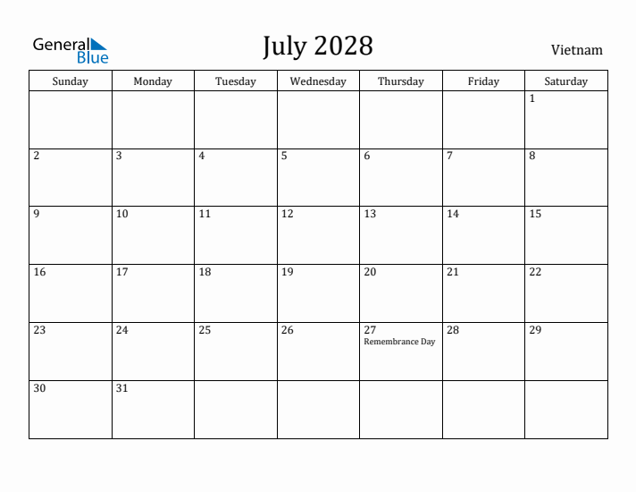 July 2028 Calendar Vietnam